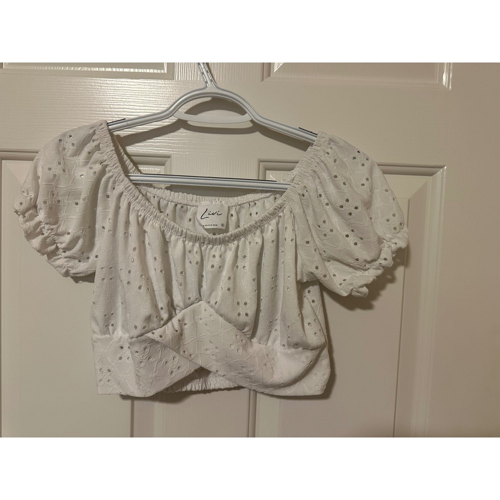 Livi Crop Top Women M White Eyelet Puff Sleeve Off Shoulder Crossover Hem